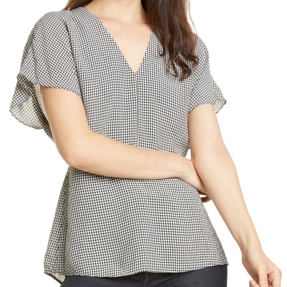 $229 LEWIT Gingham V-Neck Top MEDIUM PA98